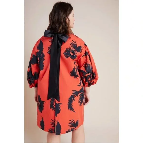 Atsu Anthropologie red black beaded floral puff statement sleeve shift dress - Picture 4 of 7